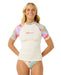 Rip Curl women's short sleeve rash vest with white body and colorful patterned sleeves