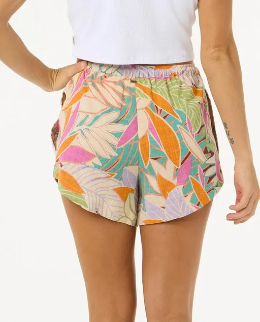 Rip Curl women's board shorts with colorful tropical leaf print