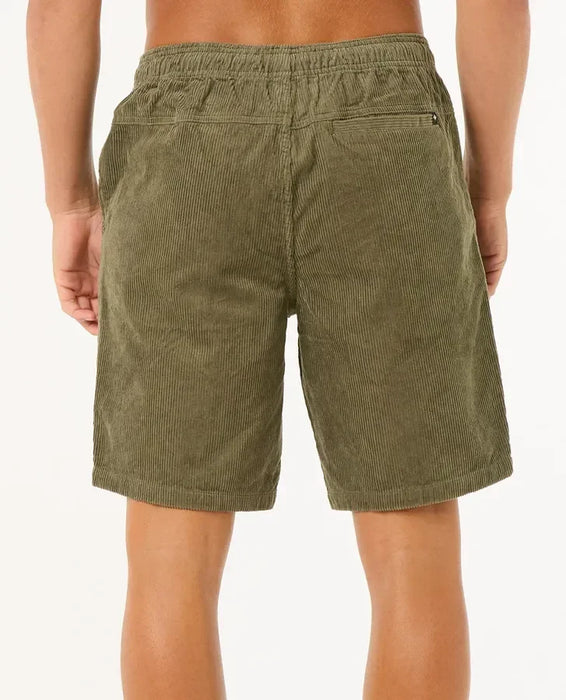 Rip Curl men's corduroy surf shorts in dusty olive, elastic waist, back zip pocket