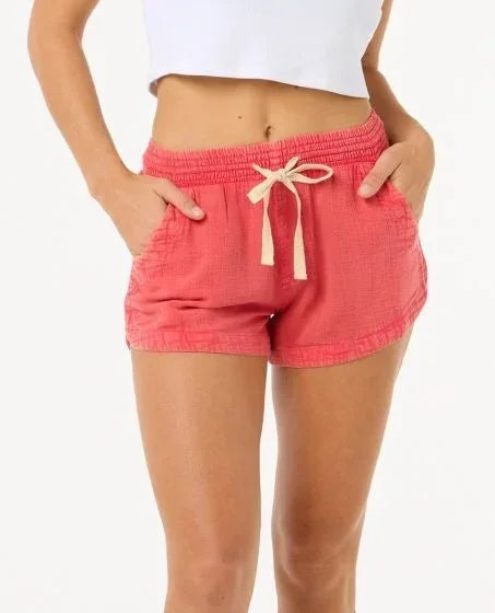 Rip Curl classic surf shorts in hibiscus red with drawstring waist, women's surf clothing