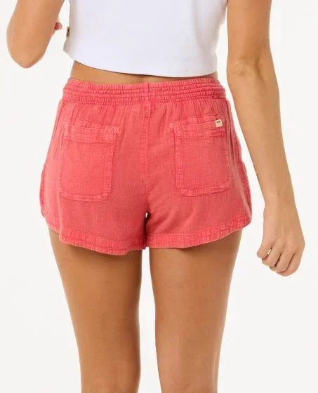 Rip Curl women's surf shorts in hibiscus red, elastic waist, two back pockets, beachwear