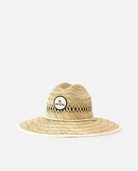 Rip Curl straw surf sun hat with wide brim and black logo patch, beachwear accessory