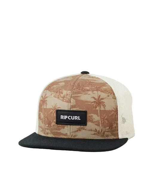 Rip Curl trucker cap with gold palm tree print and black brim, mesh back panel