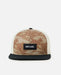Rip Curl trucker cap with gold palm tree pattern and black brim, mesh sides