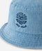 Rip Curl denim bucket hat with embroidered sun and wave logo, light blue surf accessory