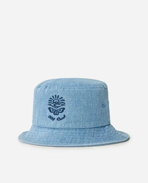 Rip Curl light blue denim short brim bucket hat with embroidered logo, surf clothing