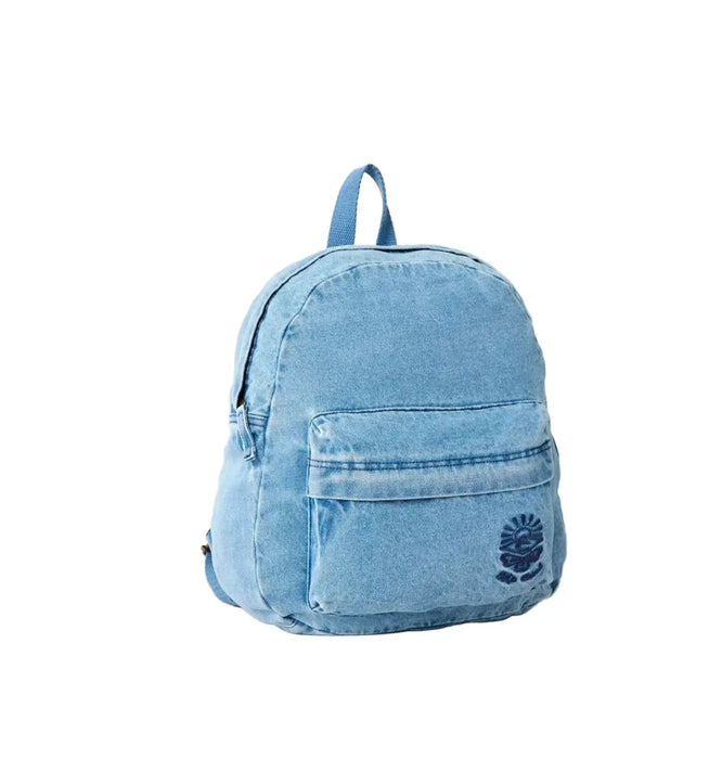 Light blue denim backpack on a white background