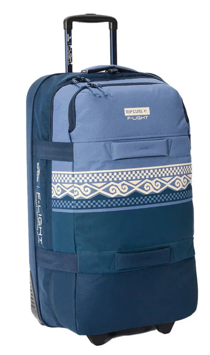 Rip Curl F-Light Global 100L blue travel bag with patterned stripe and telescopic handle