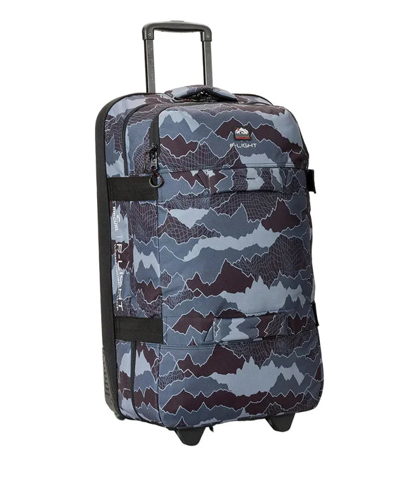 Rip Curl F-Light Global 100L camo travel bag with wheels and mountain pattern