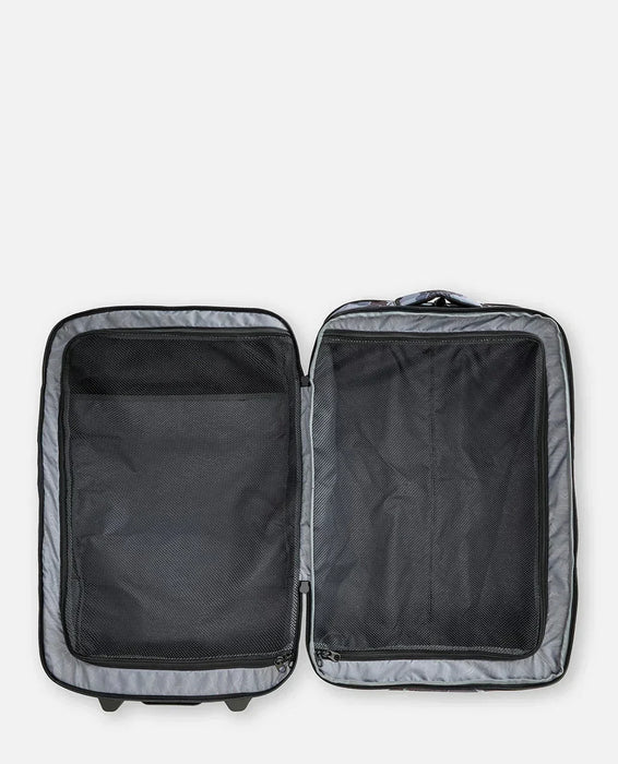 Rip Curl F-Light Global 100L Search camo travel bag open, large mesh compartments, grey lining