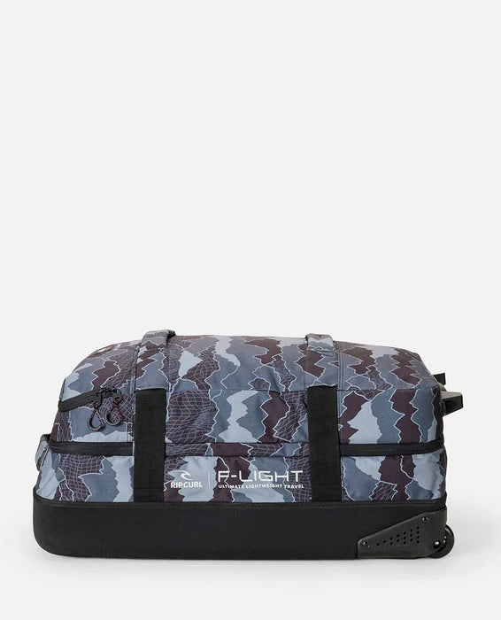 Rip Curl F-Light Global 100L camo wheeled travel bag with black straps and zip pockets