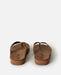 Rip Curl tan leather open toe sandals with embossed logo, viewed from the back