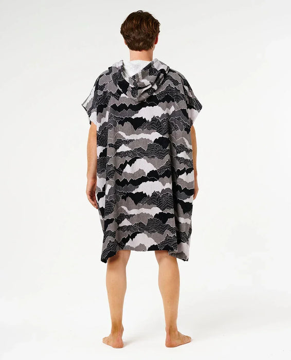 Rip Curl hooded towel poncho in black and grey mountain pattern, back view