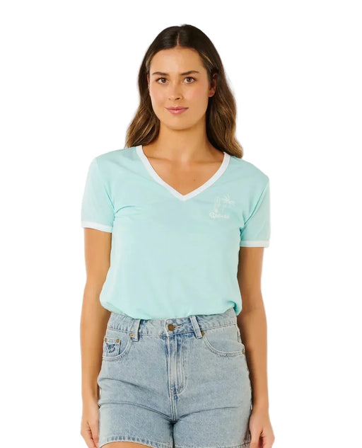 Rip Curl mint V-neck t-shirt with palm tree logo, watersports surf clothing