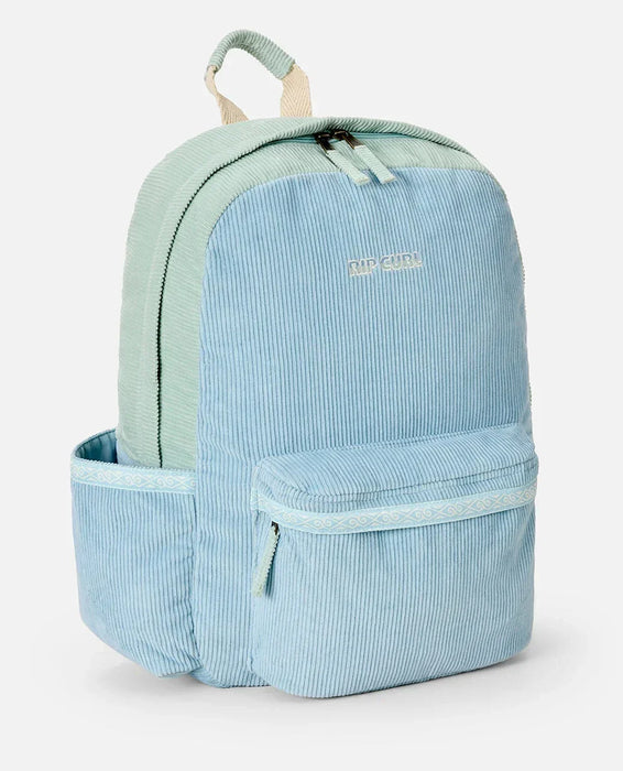Rip Curl corduroy backpack in mint blue with front pocket and embroidered logo