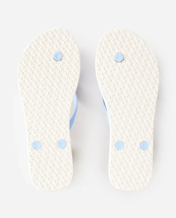 Rip Curl open toe flip flops, white textured soles with light blue straps, surf footwear