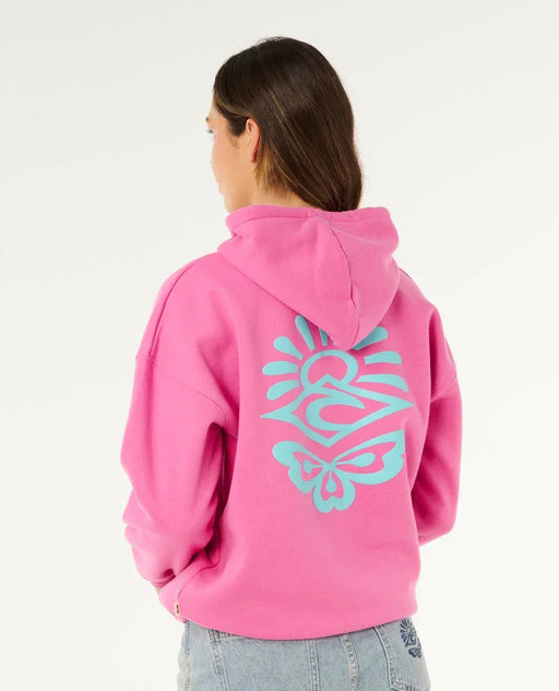 Rip Curl Icons of Surf Heritage hoodie in super pink with large blue surf graphic on back