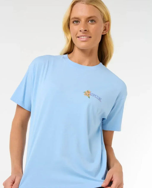Rip Curl relaxed fit mid blue t-shirt with floral logo, women's surf clothing