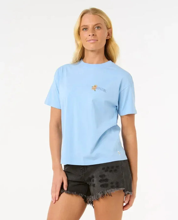 Rip Curl women's relaxed fit tee in mid blue with small chest logo, surf clothing