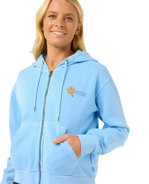 Rip Curl women's relaxed zip hoody in light blue with floral chest logo, surf clothing