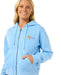 Rip Curl women's relaxed zip hoody in light blue with floral chest logo, surf clothing
