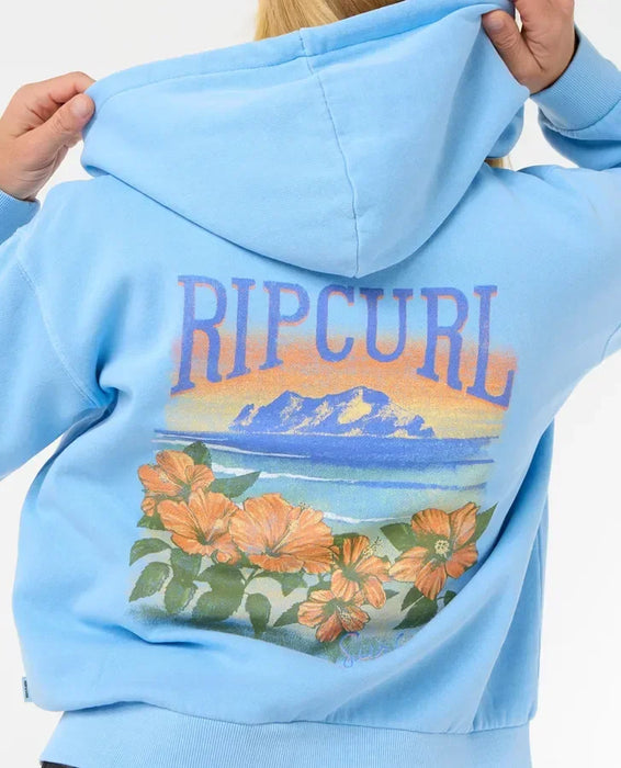 Rip Curl blue hoodie with floral and beach graphic, relaxed fit, surf clothing