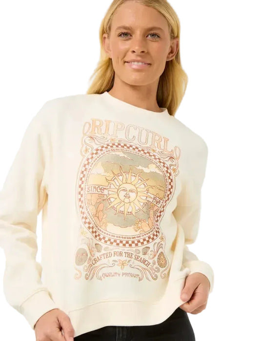 Rip Curl Luna Relaxed Crew bone coloured sweatshirt with sun and vintage graphic, surf clothing
