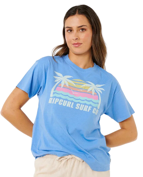 Rip Curl Malibu relaxed tee in cornflower blue with palm tree and wave surf graphic