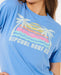 Rip Curl Malibu relaxed tee in cornflower blue with palm tree and sunset surf graphic