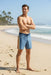 Man on beach wearing Rip Curl Mirage blue men's board shorts with side stripes