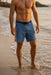 Rip Curl Mirage Pacific men's blue board shorts with side stripes, beach setting
