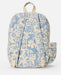 Rip Curl mixed canvas backpack with blue and cream floral print, adjustable straps