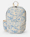 Rip Curl canvas backpack with blue and cream floral print, front pocket and side pouch
