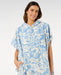 Rip Curl blue floral hooded towel poncho for watersports, front pouch pocket visible