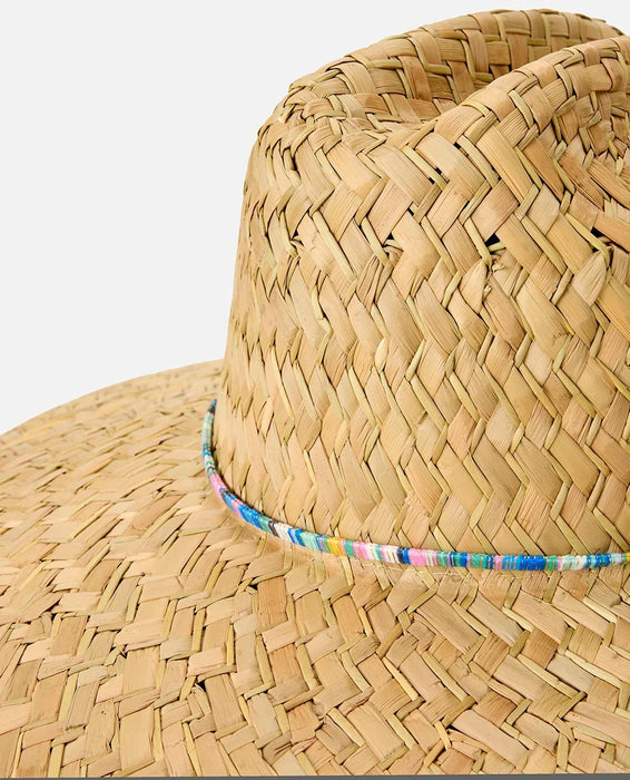 Rip Curl straw surf sun hat with natural weave and colourful blue trim detail