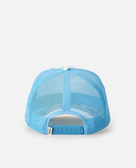 Rip Curl blue mesh trucker cap with adjustable snapback closure, rear view