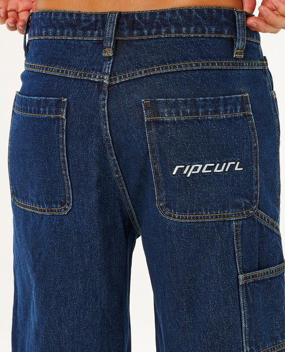Rip Curl denim walkshorts in true indigo blue, back pockets, surf clothing detail