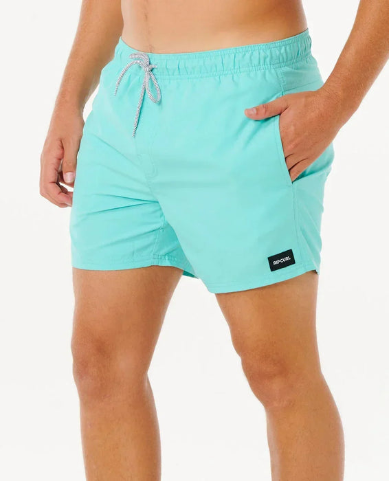 Rip Curl aqua volley swim shorts with drawstring waist, side pockets, and black logo patch