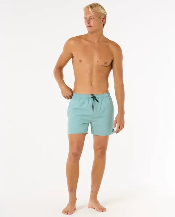 Rip Curl men's blue lagoon volley board shorts with black drawstring, surf apparel
