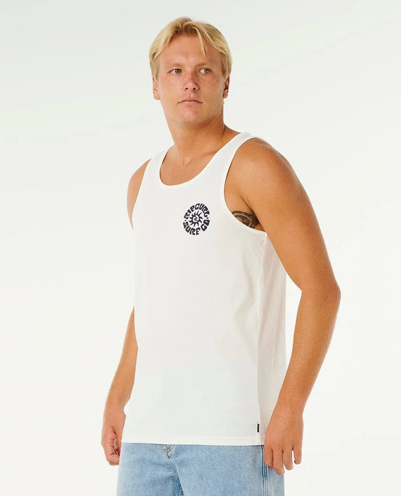 Rip Curl white tank vest with logo, surf clothing, worn by male model, beachwear style