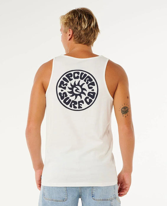 Rip Curl white tank vest with bold circular logo on back, surf clothing, worn by a man