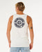 Rip Curl white tank vest with bold circular logo on back, surf clothing, worn by a man