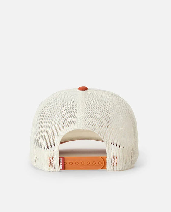 Rip Curl trucker cap with mesh back, beige and orange adjustable strap, surf accessory