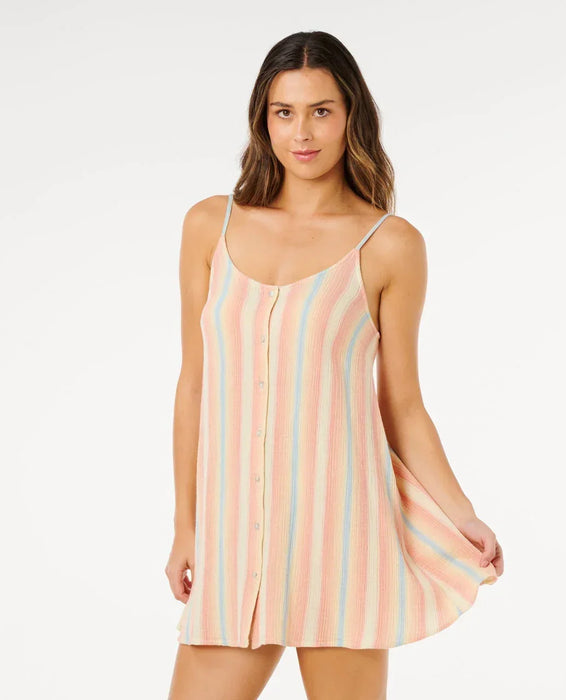 Rip Curl women's surf cover-up dress with pastel multicolour vertical stripes