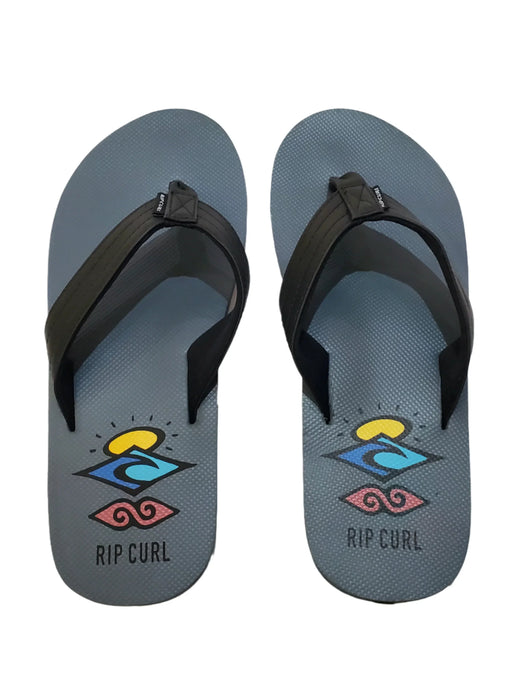 Rip Curl blue and grey open toe flip flops with wave and sun graphic design