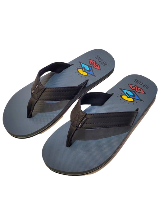Rip Curl Ripper open toe flip flops with blue-grey footbed and colorful graphic print
