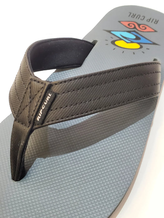 Rip Curl Ripper open toe flip flop in blue and grey with black strap and printed logo