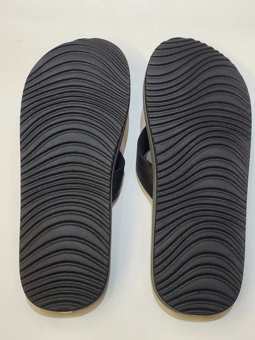 Rip Curl Ripper open toe flip flops with textured black soles, blue and grey design