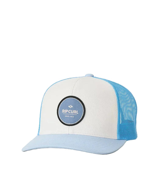 Rip Curl white and blue trucker cap with logo patch, mesh back, surf apparel
