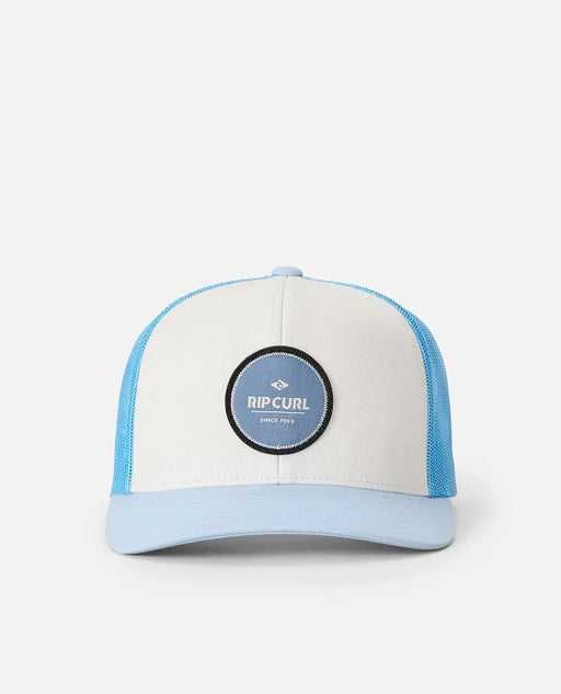 Rip Curl blue and white trucker cap with mesh sides and round logo patch on front